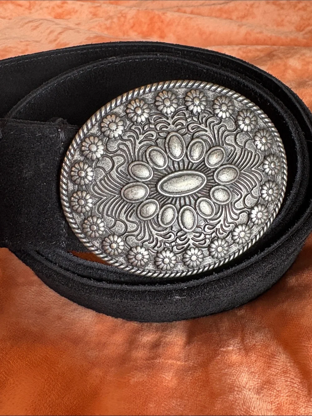 Silver Floral Western Buckle on Black Suede Belt